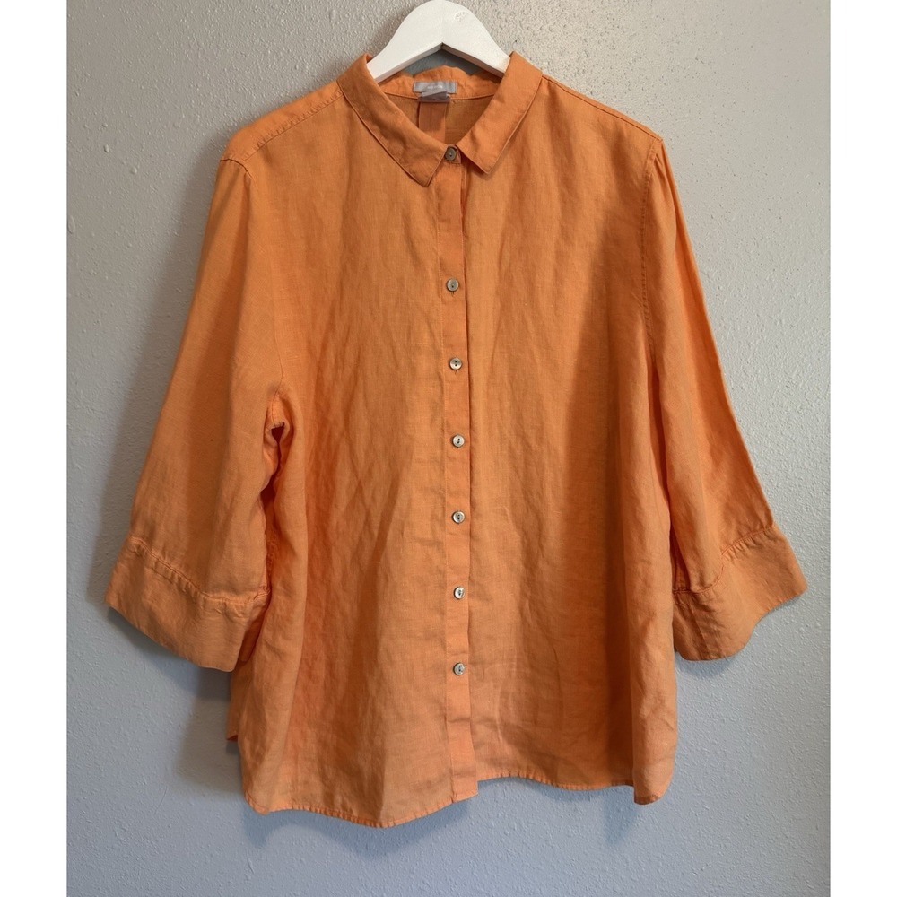 Chico's Size 4 US 20 No Iron 100% Linen Button Down Shirt Top in Harvest Orange